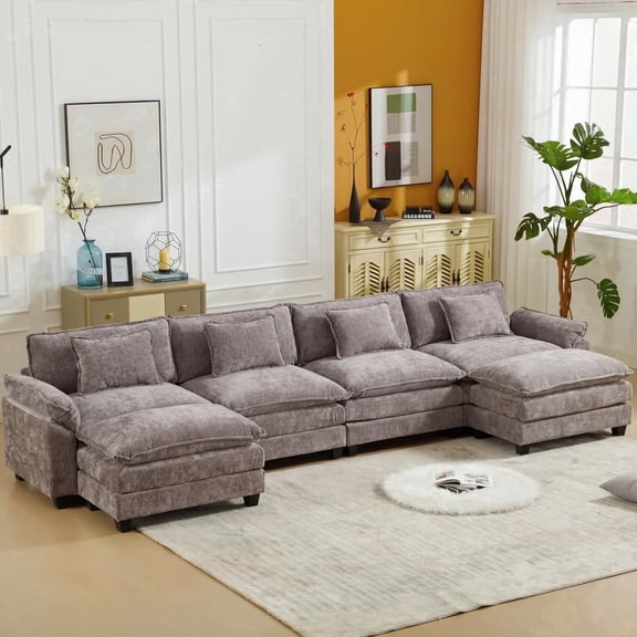 IPKIG 6-Seat Sectional Sofa with Ottoman, Light Gray Modern Chenille Fabric Sleeper Couch for Living Room, Deep Seating Cloud Couch Design w/ Pillows