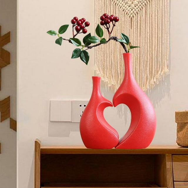 Juego de jarrón de cerámica, florero decorativo, florero artístico, soporte para flores secas, maceta en forma de corazón para mesa, centro de mesa, Rojo