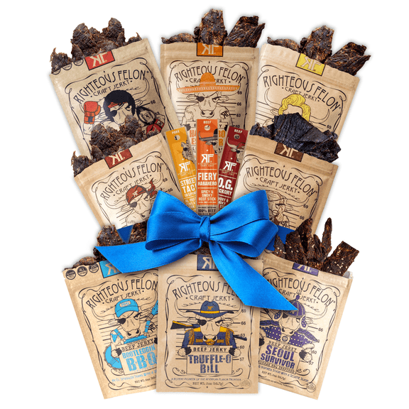 Righteous Felon Beef Jerky & Meat Sticks Variety Pack | Gluten Free Beef Jerky Snack Packs for Adults | High Protein, Keto, Low Sugar | Made with Premium Meats | Gifts for Men | 10 Pack Sampler