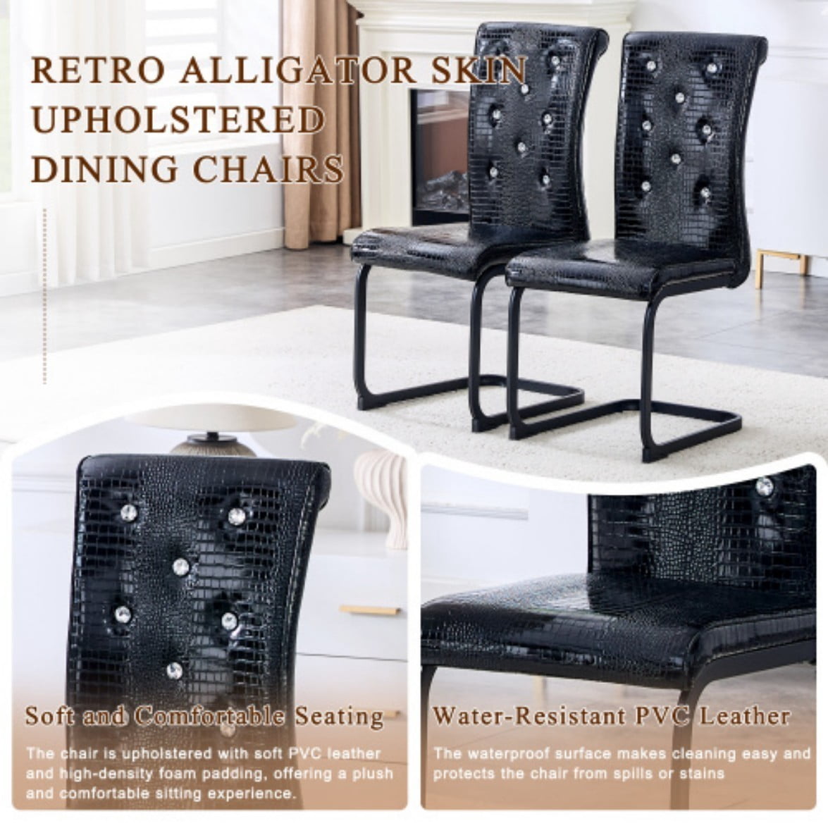 Set of 4 Retro Dining Chairs, Faux Alligator Leather Upholstered Chairs with Crystal Button Details & Metal Bow Legs, 400 LBS, Black & Black