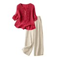 thumbnail image 4 of Solid Color Summer Embroidered V Neck Three Quarter Sleeve Top and Wide Leg Pants Two Piece Outfit for Women Beach Red L, 4 of 4
