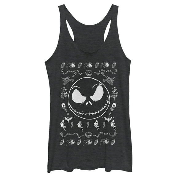 Women's The Nightmare Before Christmas Halloween Jack Skellington Sweater Print  Racerback Tank Top Black Heather 2X Large