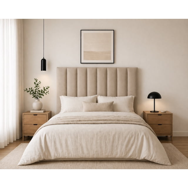 Cabecera Matrimonial El Bazar Store Drey Terciopelo Beige Rayas Moderna