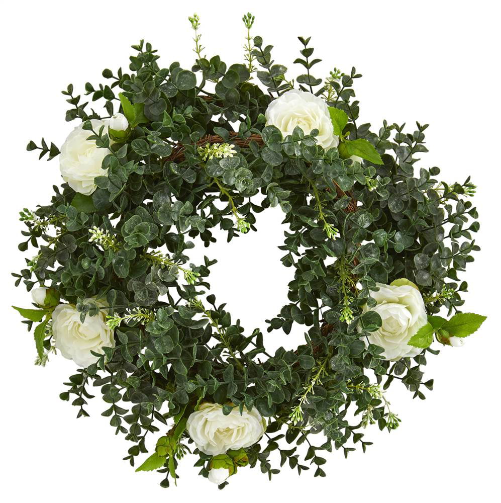 Nearly Natural 18-inch Eucalyptus and Camellia Double Ring Artificial ...