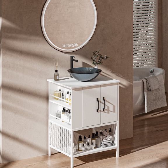 VNN Small Bathroom Vanity with Sink - 24 Inch Vanity with Sink, Freestanding Cabinet with Open Shelf, Modern Iron Wood Bathroom Cabinet with Countertop Tempered Glass Vessel, White