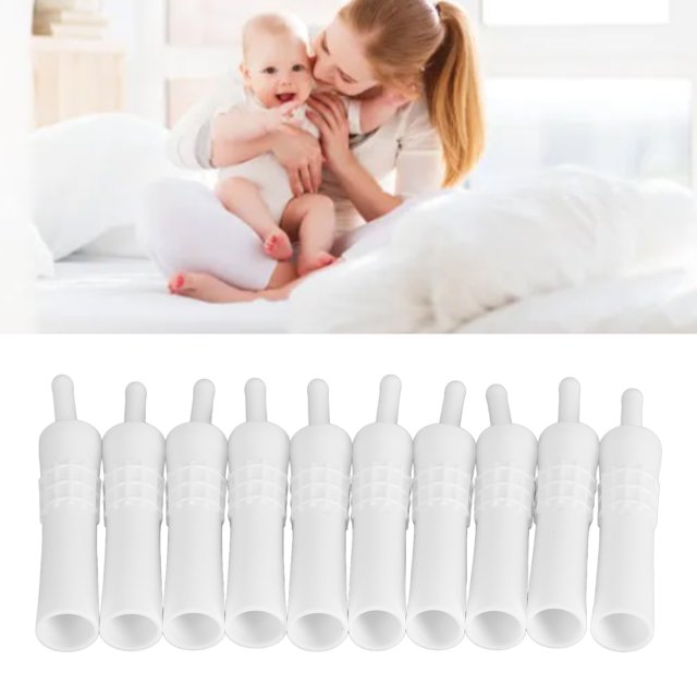 tubo para aliviar gases y cólicos para bebés, uso conveniente, material tpr de 10 unidades para uso doméstico Vista frontal centrada de 10 tubos Anggrek alineados sobre fondo blanco; tubos huecos blancos de TPR con boquilla estrecha, extremo cónico y anillos de agarre texturizados; fondo superior ligeramente desenfocado muestra a una madre con su bebé. Diseñado para liberar gas y ayudar a calmar cólicos en recién nacidos; suele usarse en botiquines domésticos.