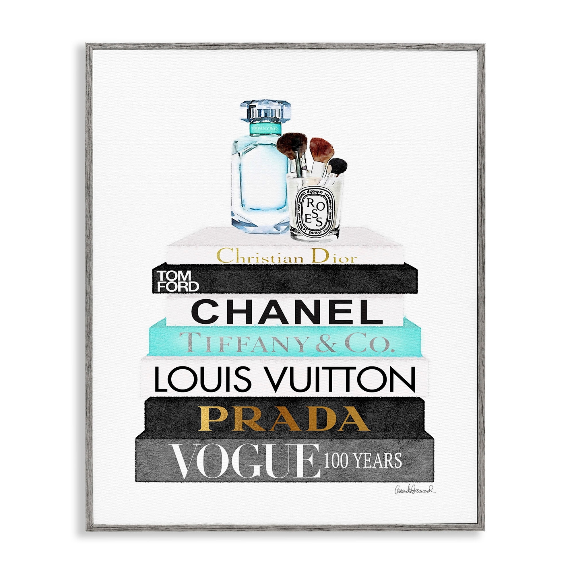 Stupell Industries Book Stack Perfume Brushes Glam Fashion Watercolor Framed Wall Art by Amanda Greenwood