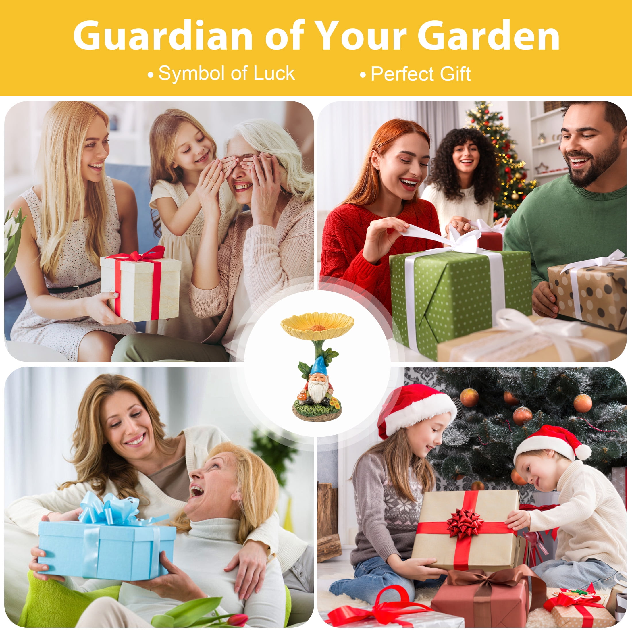 The Growing Ground Daisy Gnome Bird Feeder, Resin Garden Statue with Flower Bowl for Outdoor Patio Decor, Yellow