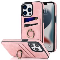Dteck For iPhone 13 Pro Max,Shockproof Artificial Leather Ring Holder Stand Card Slot Case Cover,Pink