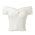 thumbnail image 4 of Women Summer Tops Knot Front Off The Shoulder Solid Color Short Sleeve Slim Fitted Comfortable Fashion Tee For Casual Daily Wear,White,M/2, 4 of 5