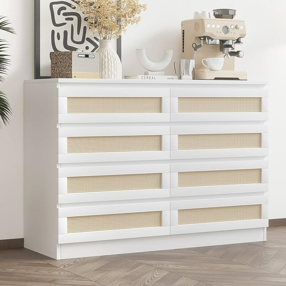 Rattan Dresser for Bedroom, 8 Drawer Dresser for Closet, Wide Wood Dressers & Chests of Drawers, Nightstands, TV Stands for Living Room, Entryway, Cloakroom, Hallway