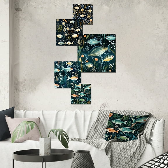 Designart "Aquatic Fish Grace I" Abstract Wall Art Set Of 5 - Blue Coastal Hallway Metal Art Print Set