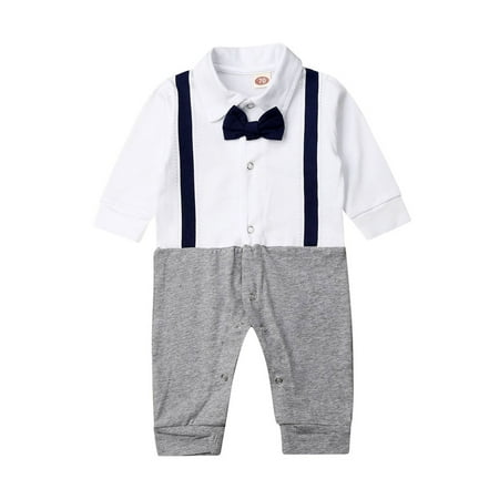 

Gwiyeopda Infant Baby Boys Formal Romper Long Sleeve Jumpsuit Gentleman Bow Tie Wedding Party Set