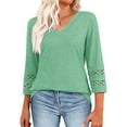 thumbnail image 2 of qolati 3/4 Length Sleeve Womens Tops Dressy Casual Lace Hollow Out Blouses Trendy V Neck T Shirts Summer Clothes Fall Outfits, 2 of 8