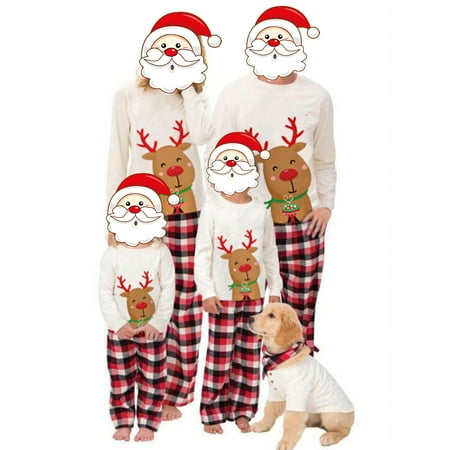 

Qiylii Matching Family Christmas Pajamas Cartoon Deer Tops + Plaid Pants