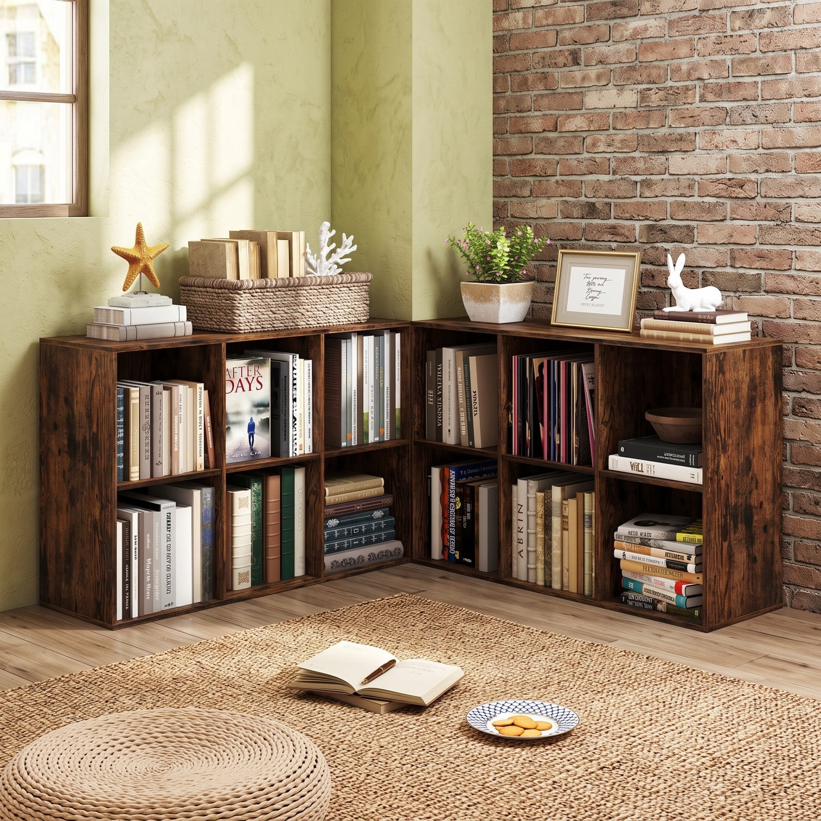 Furnibear 6-Cube Bookcase Storage Organizer with Anti-Tipping Kits, Engineered Wood Cube Bookshelf Display Shelf for Bedroom Living Room Study Room, Rustic Brown