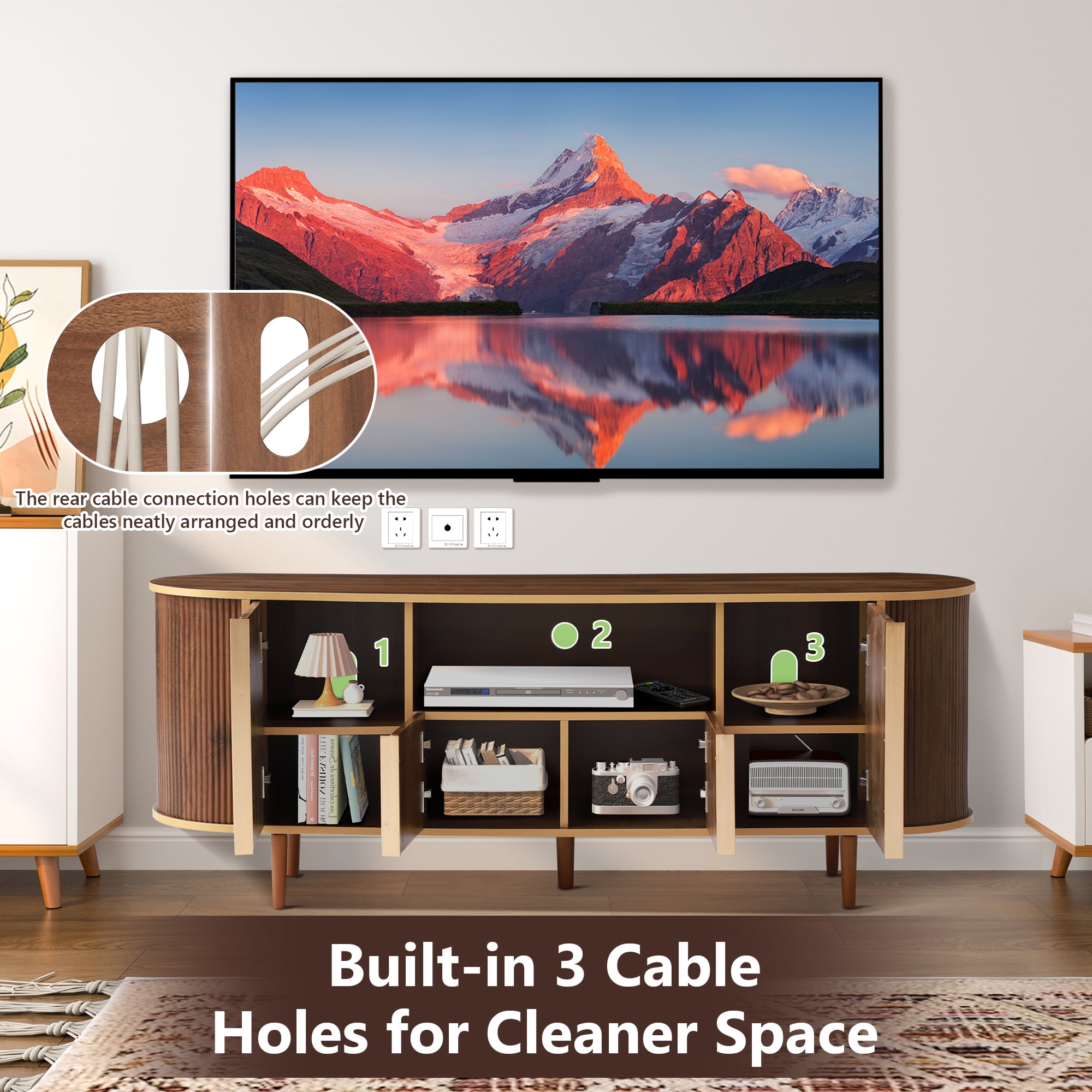 Magic Union 63" TV Stands, Fluted Modern Mid Century Entertainment Center Console for 55/60/65/70/75 inches TVs, Curved TV Stand with Open Storage & Side Cabinets, Living Room, Bedroom furniture