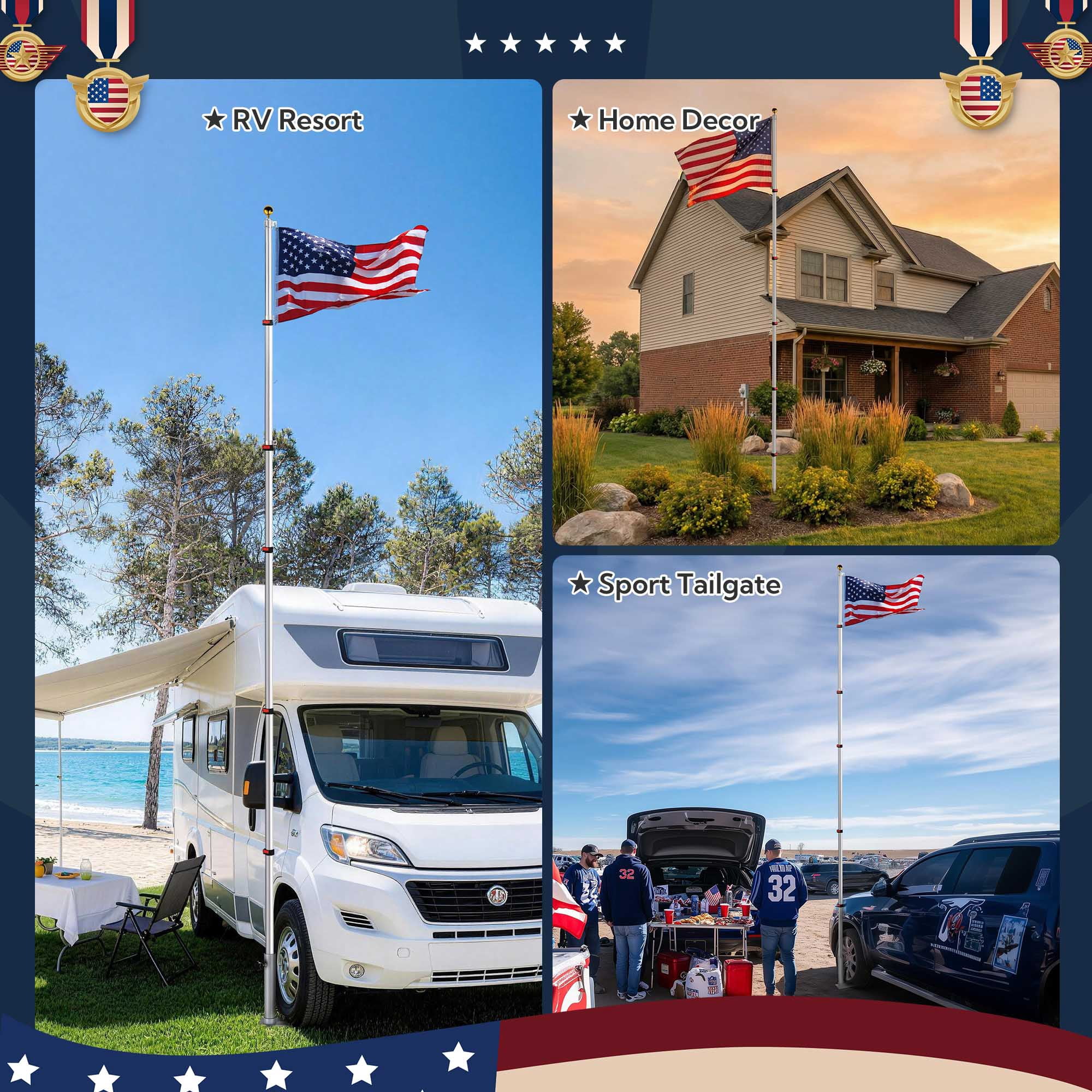Yescom EZ GO 30ft Telescopic Flag Pole Kit Upgrade Rotating Lock for Outside Inground with 3x5' US Flag Ball Top Silver
