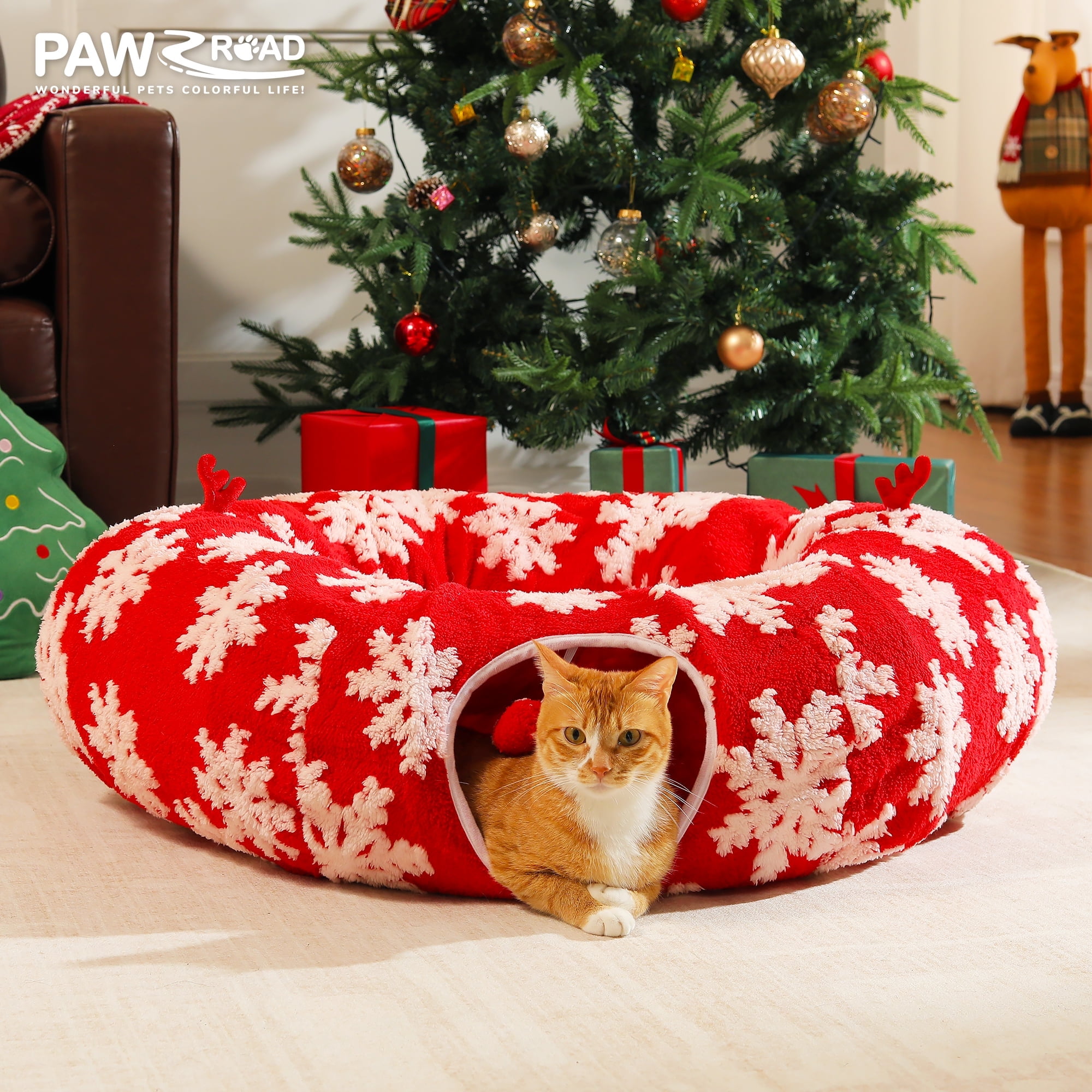 PAWZ Road 34" Cat Tunnel Christmas Cat Tunnel Bed with Soft Mat, Cat Toys for Indoor Cats, Red