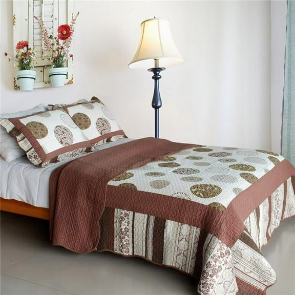 SJIN9155-23 Modern Circles - Cotton 3PC Vermicelli-Quilted Patchwork Quilt Set  Full & Queen Size - Brown