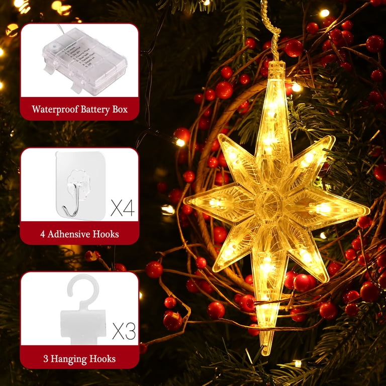 Quntis 9 Stars Christmas Window Lights – 76 LED Battery Operated Curtain Lights, Timer & 8 Modes, IP65 Waterproof, Warm White