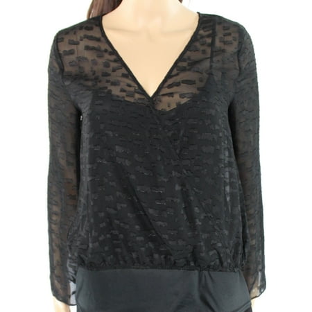 - WAYF NEW Black Womens Size Small S Sheer Textured Surplice Neck Blouse
