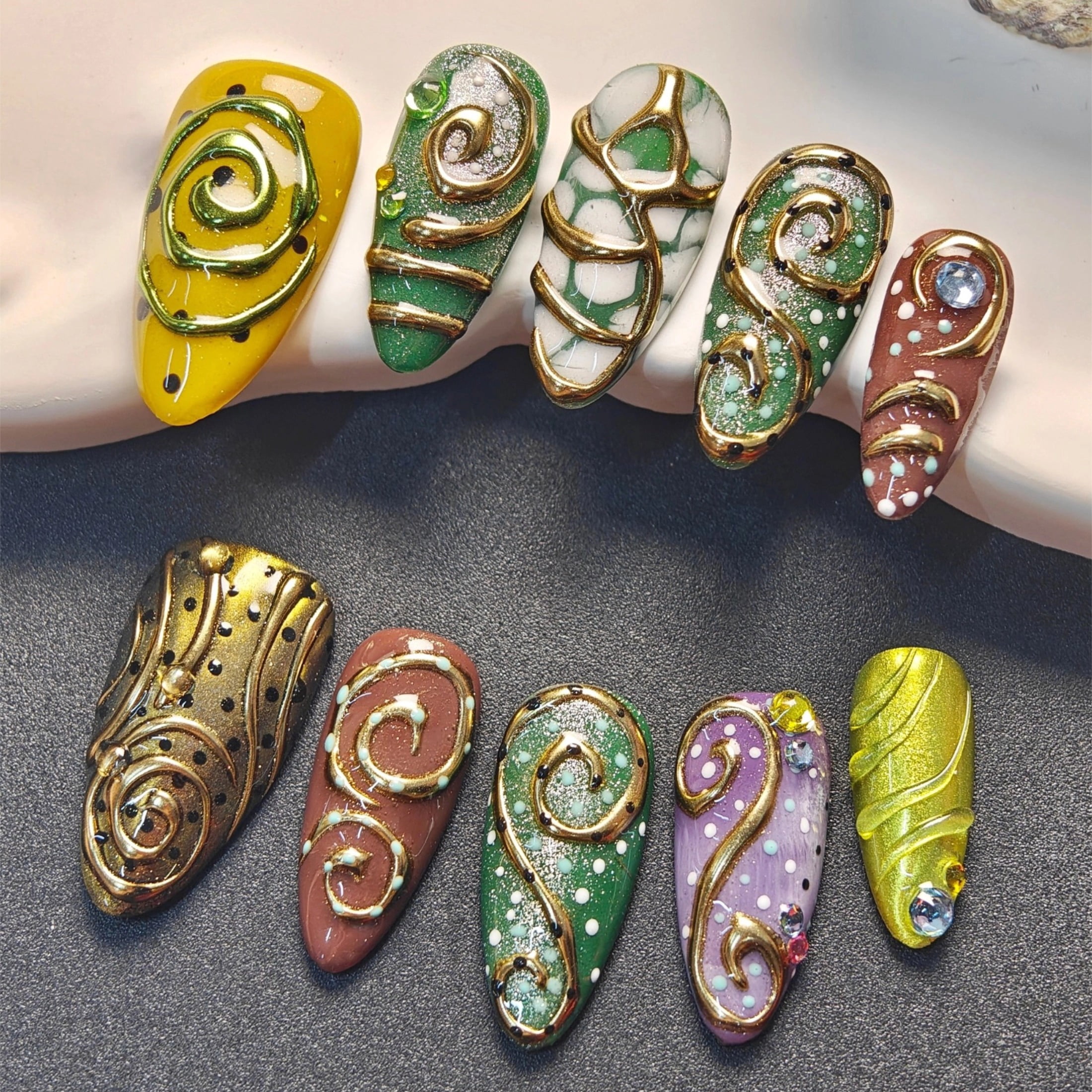 10pcs Almond Press On Nails Handmade Y2K Goth Junk Punk Style Multi-color Nails with 3D Gold Swirls & Rhinestones Suitable For Summer Parties For Women Girls
