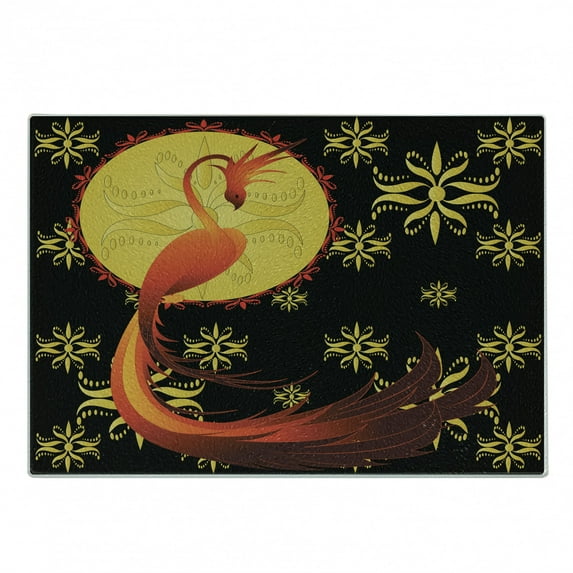 Birds Cutting Board, Mythical Fiery Phoenix Standing by the Fullmoon Ornamental Design, Decorative Tempered Glass Cutting and Serving Board, in 3 Sizes, by Ambesonne