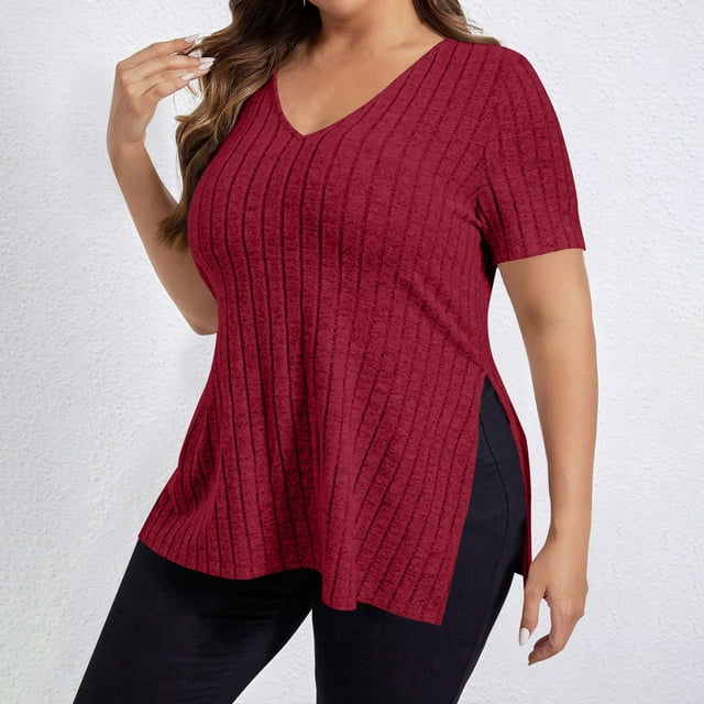 Meichang Plus Size Ribbed Knit Tops for Women Casual V Neck Short Sleeve T Shirts Trendy Side Split Tees Stretchy Soft Solid Summer Tops