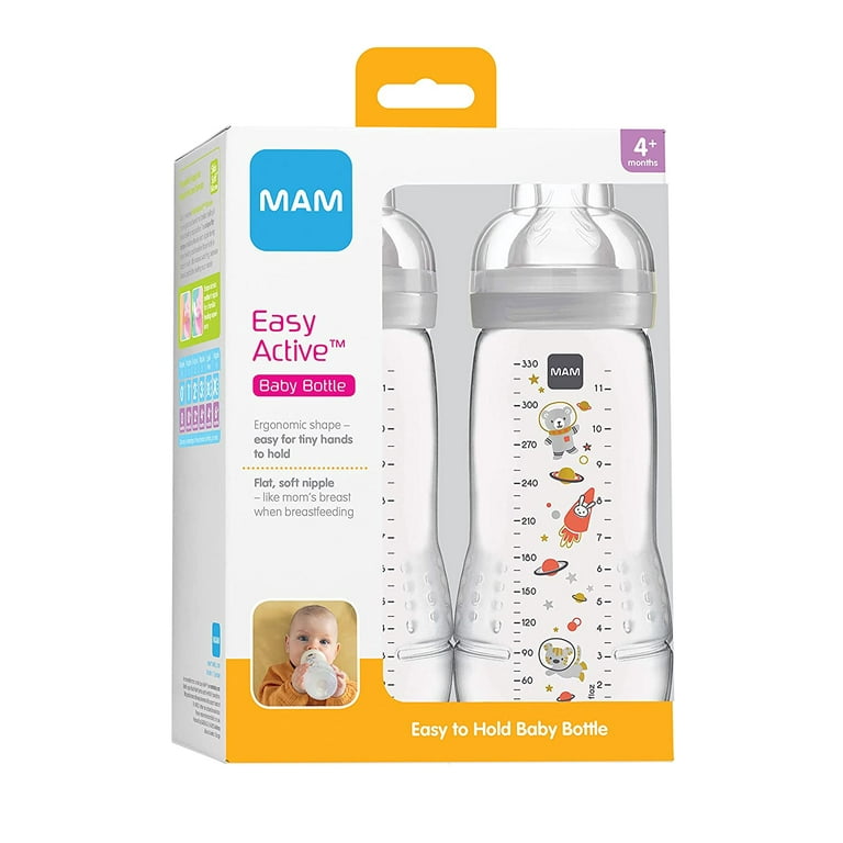 MAM Easy Active Bottle 11 oz (2-Count), Fast Flow Bottles, 4+ Month,  Unisex, Gray Unisex 2 Count (Pack of 1)