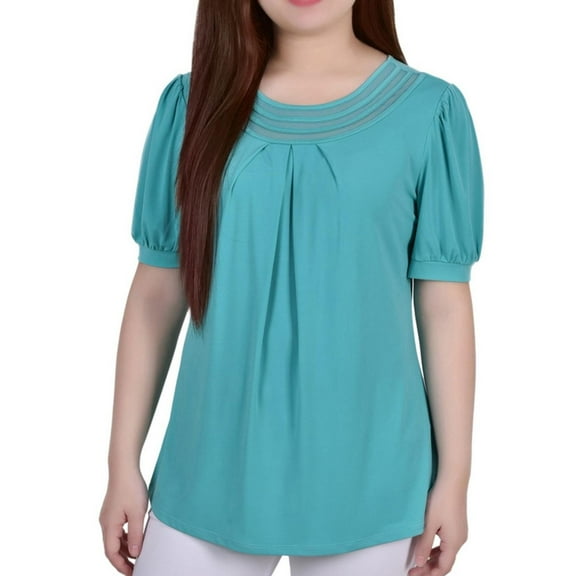 NY Collection Womens Mesh Insert Pullover Blouse, Green, Petite, P/PS