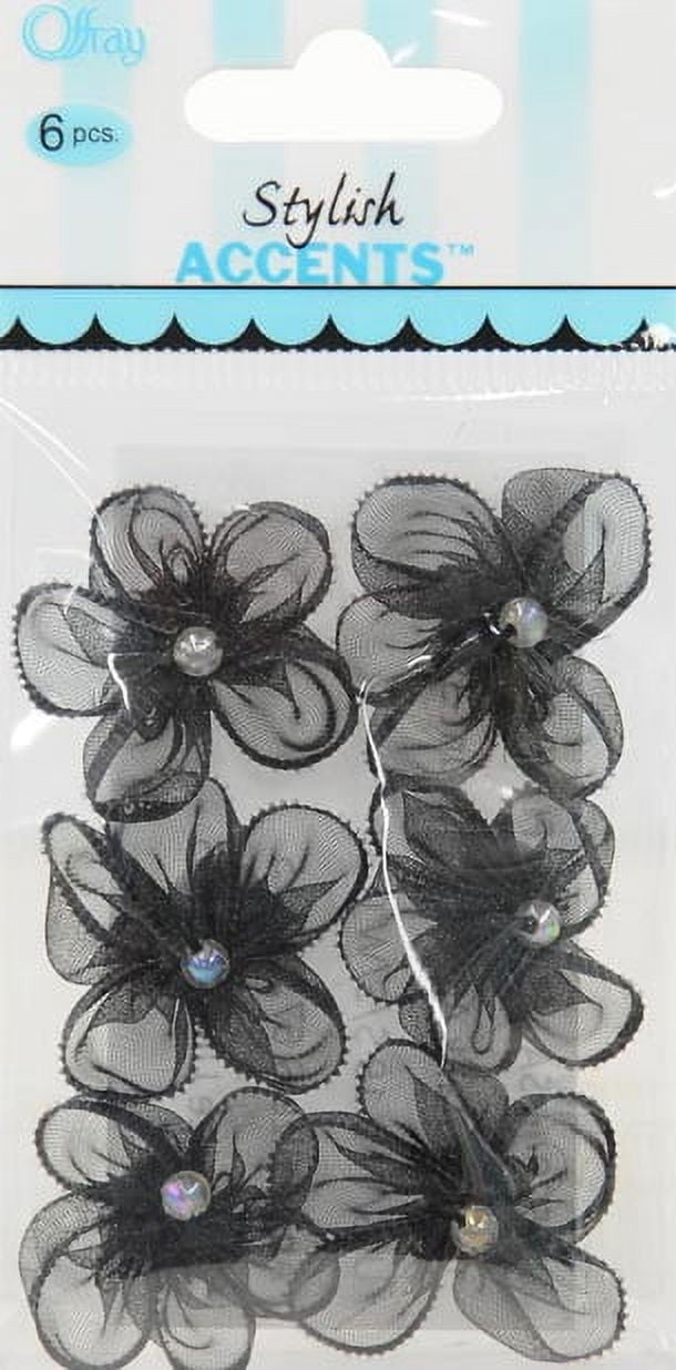 (4 pack) Offray Accessories, Black 3/4 inch 5 Petal Sheer Flower with Pearl Accessory for Wedding, Hair Clips, and Scrapbooking, 6 count, 1 Package