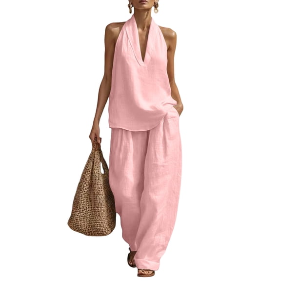 Sewkxo Womens Linen 2 Piece Sets Fashion Sleeveless V Neck Halter Top Matching Baggy Wide Leg Pants Set Summer Casual Outfits,Pink L