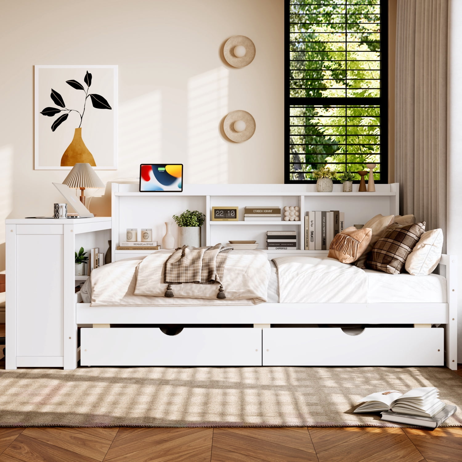 Leumius Twin Size Corner Bed with Desk and Storage Bookcase,Modern Daybed with 2 Drawers,Twin Size Wood Bed Frame with Charging Station,White