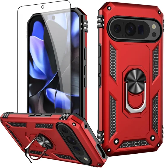 Starshop Google Pixel 10 Pro XL Case Phone Cover Shockproof Ring Stand Case With Glass Screen - Red