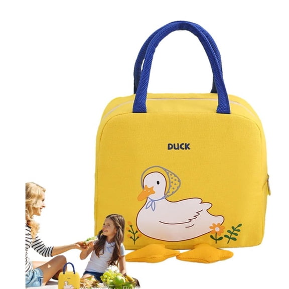 Insulated Lunch Bag, Cute Duck Cartoon Thermal Cooler Tote with Smooth Zipper & Back Pocket for School, Work, Picnic (Yellow/Beige)
