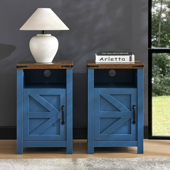 HDTFGB Navy Blue Farmhouse Nightstand Set of 2, Rustic End Table with Barn Door and Shelf, Bedside Table with Charging Station for Living Room, Bedroom