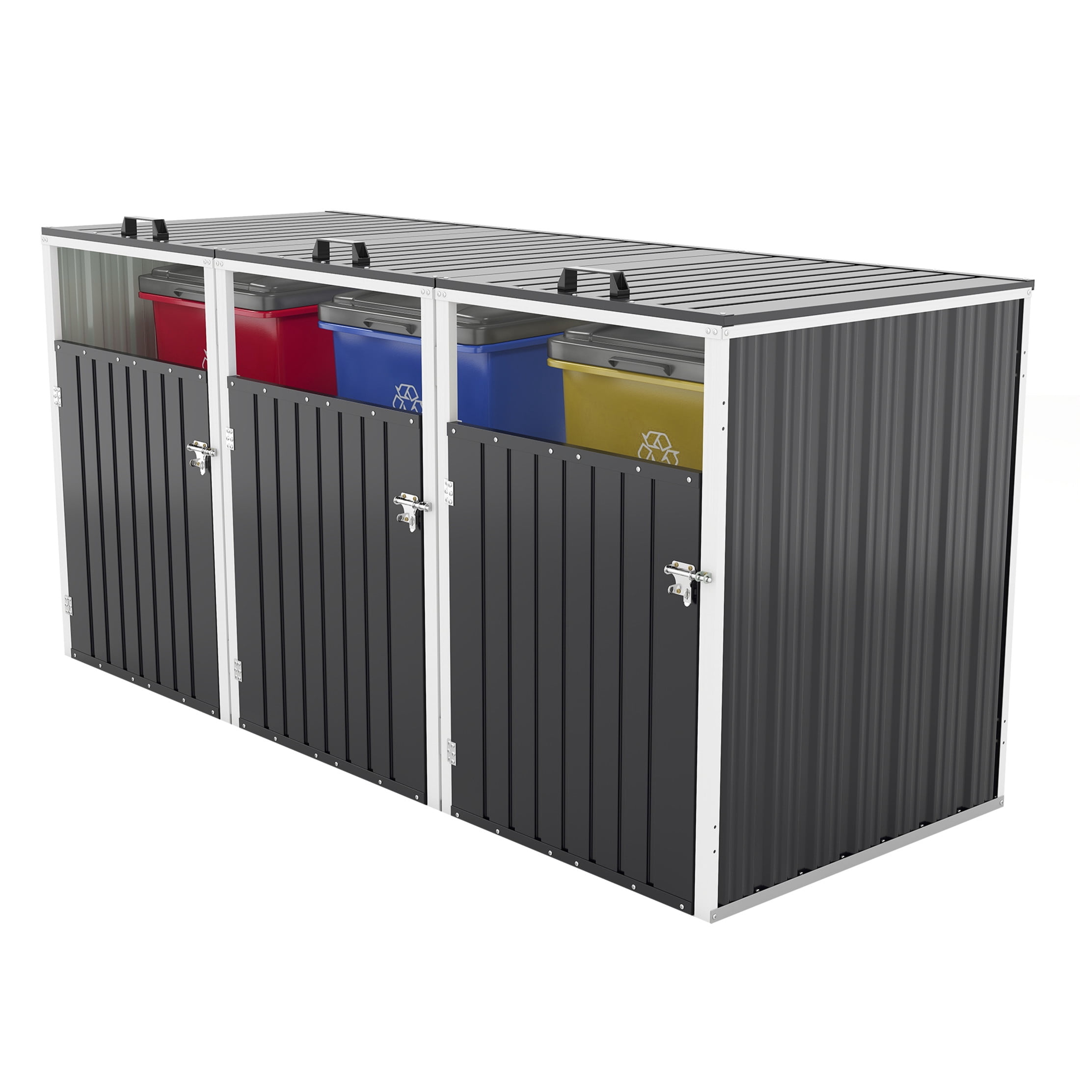 Noble House Outdoor Garbage Bin Shed for 3 Trash Cans, Lockable Galvanized Steel Garbage Bin Enclosure, Dark Gray