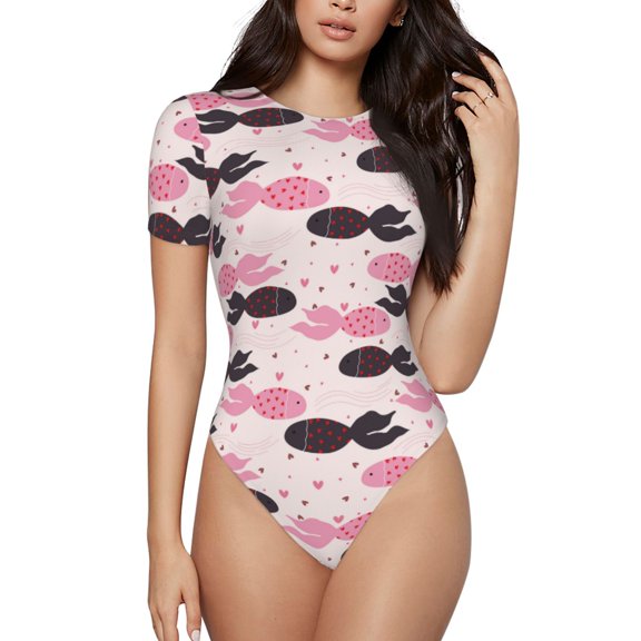 Rateoe pink fish hearts Printed Women Rash Guard Short Sleeve,Tummy control Swimsuit Surfing Swimsuit Bathing Suit Short-sleeved Onesie UPF 50 -Small