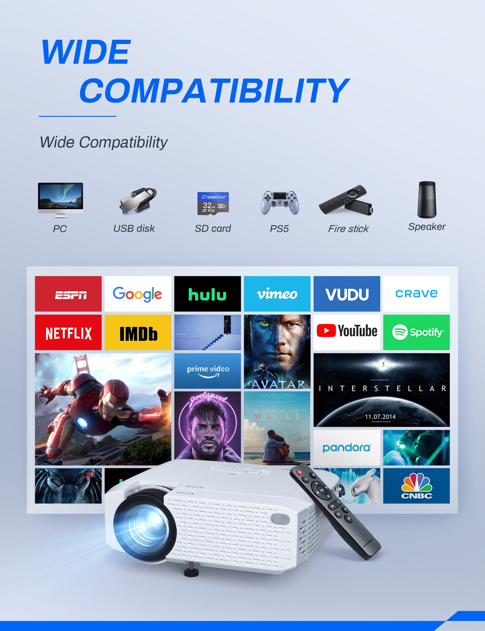 Crosstour Mini WiFi Projector Synchronize Smartphone Screen Video Proyector  Full HD 1080p Supported for iPhone/Android Phones/TV Box/PC/PS4/TV  Stick/Tablet 