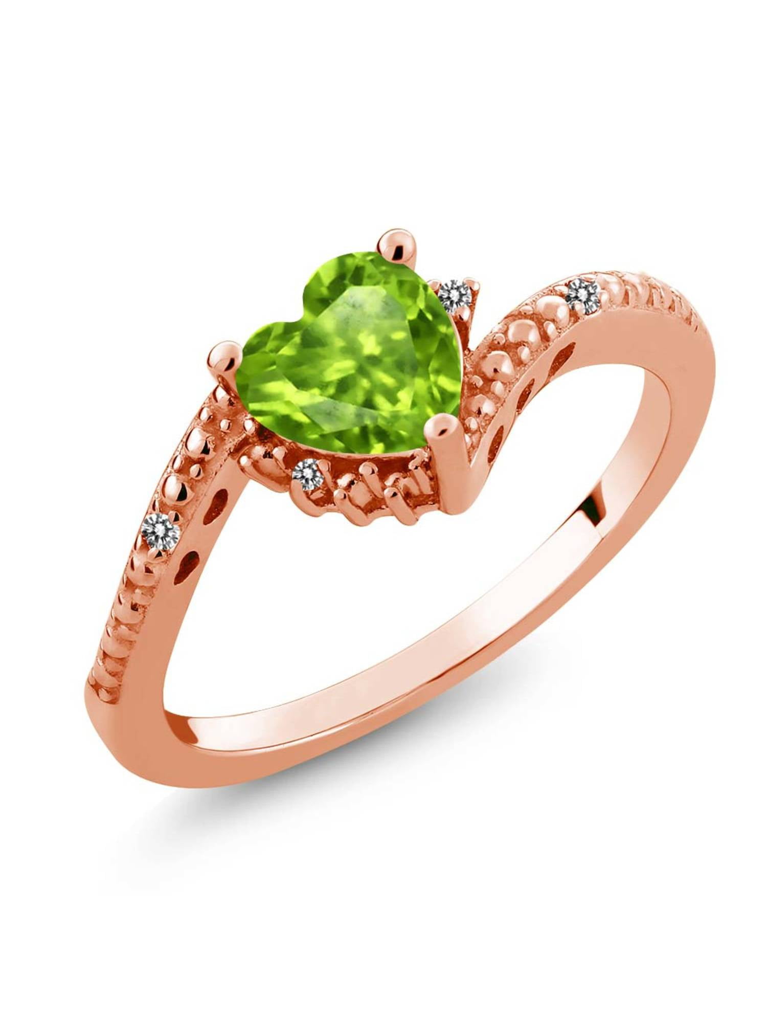 0.86 Ct Heart Shape Green Peridot White Diamond 18K Rose Gold Plated Silver Ring by