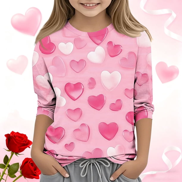 Blusas y camisas de cuello redondo y manga larga para niños, blusas/camisas de poliéster con estampado de corazones, mangas 3/4 y cuello redondo, elegantes e informales.
