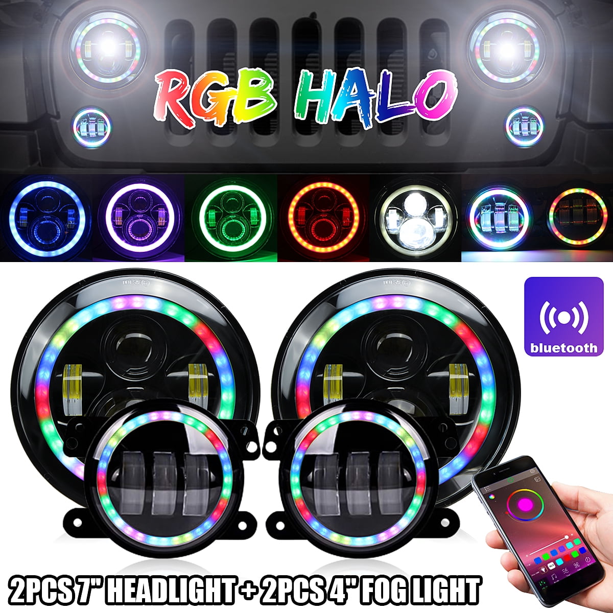 7 inches Led Fog Lights with Haloo Ring, LED RGB Headlights W/bluetooth For  Jeep Wrangler + Color Chasing Fog Light Combo Kit