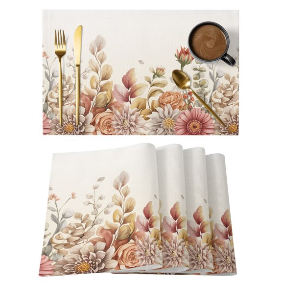 Fall Botanical Placemats Set of 6 Flower Leaf Watercolor Eucalyptus Leaf Heat Insulation Washable Place Mats, Non-Slip Table Mats for Dining Table Party Kitchen Decor, 13x19 Inch