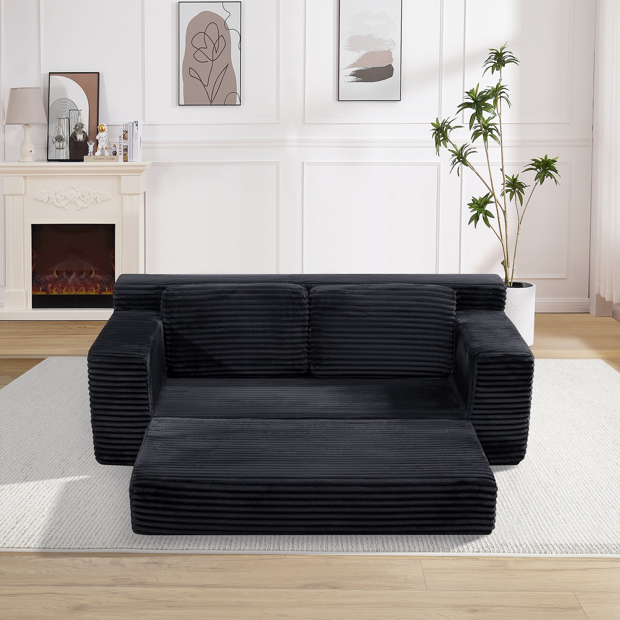Corduroy Cloud Double Sofa, 2-in-1 Convertible Sofa Bed, Comfortable Boneless Double Sofa, Suitable for Living Room, Apartment, Small Space Black