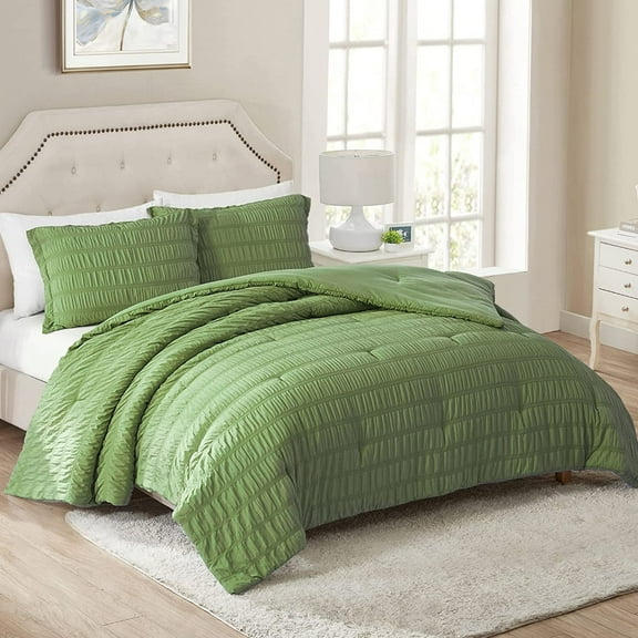 Walensee Queen Seersucker Comforter Set, 3 Pieces Bed Comforters, 90"x90", Olive Green