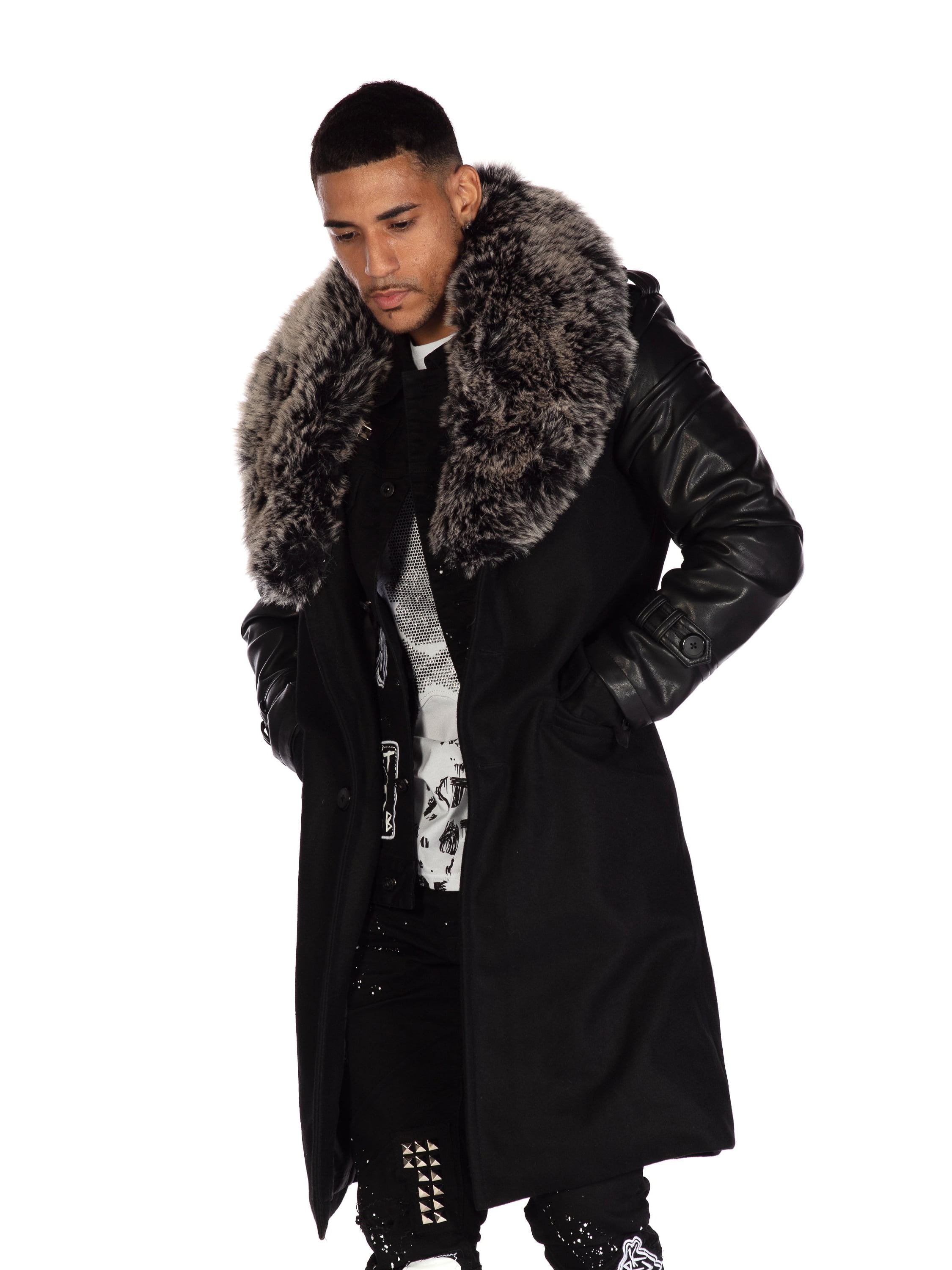 Smoke Rise Men’s Wool Coat with Removable Faux Fur Collar Black