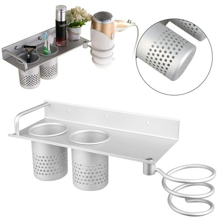Bathroom Wall Shelf Multifunction Hair Dryer Stands Wall Mounted Holder Aluminum Bathroom Organizer shelf with 2 cups ()