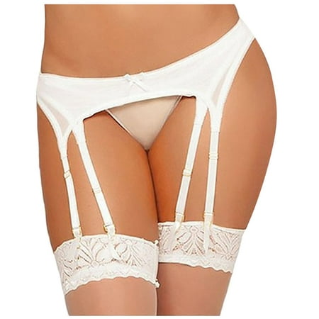 

Qcmgmg Low Rise Thongs for Women Lace Breathable Seamless Plus Size Underwear T-Back Solid Panties with Garters White L