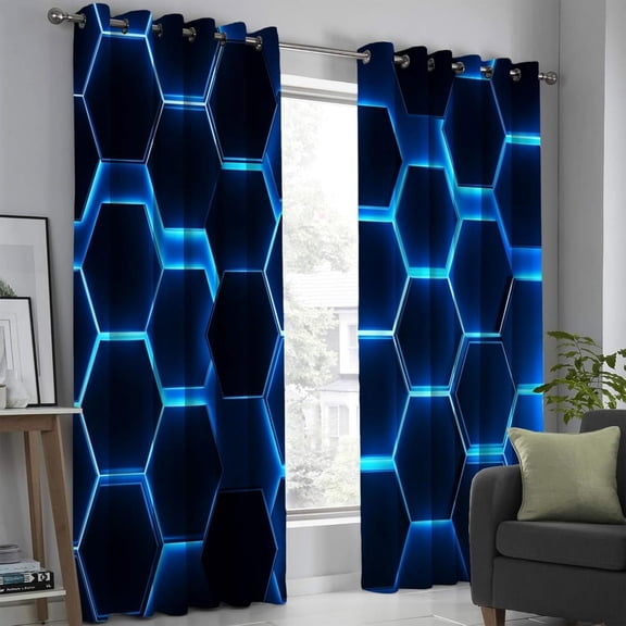 Royal Blue Blackout Curtains 3D Punk Hexagon Curtains For Living Room Thermal Insulated Privacy Drapes For Bedroom, Modern Geometry Print Window Treatment-38"W x 54"L (Pack of 2)